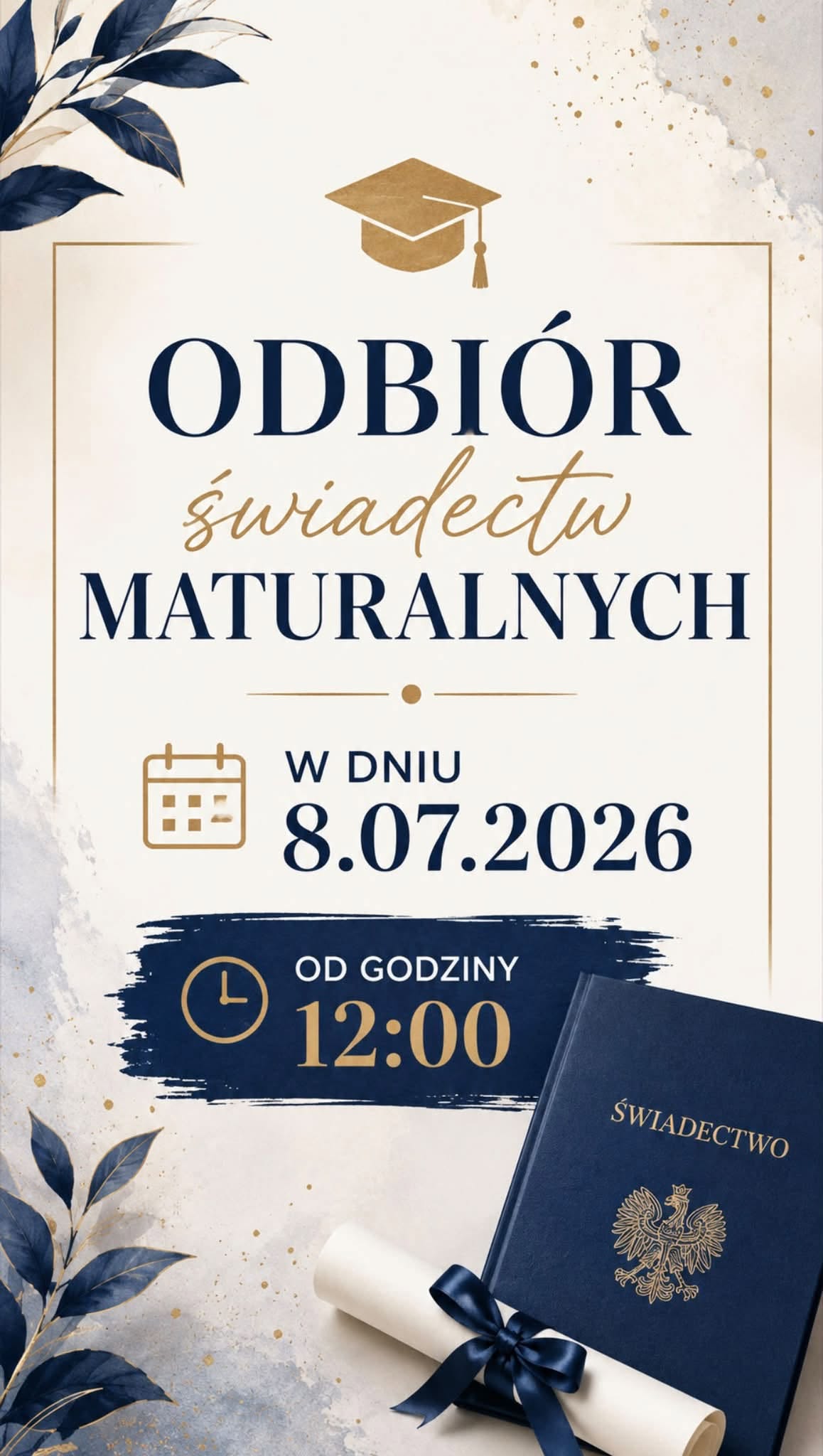 Zapraszamy naszych absolwent&oacute;w do odbioru świadectw maturalnych w sekretariacie szkoły w dniu 8 lipca 2026 r. od godziny 12:00.